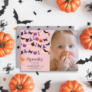 spooky one ハロウィン ピンク 1歳 誕生日 写真 招待状