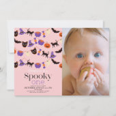 spooky one ハロウィン ピンク 1歳 誕生日 写真 招待状 (正面)
