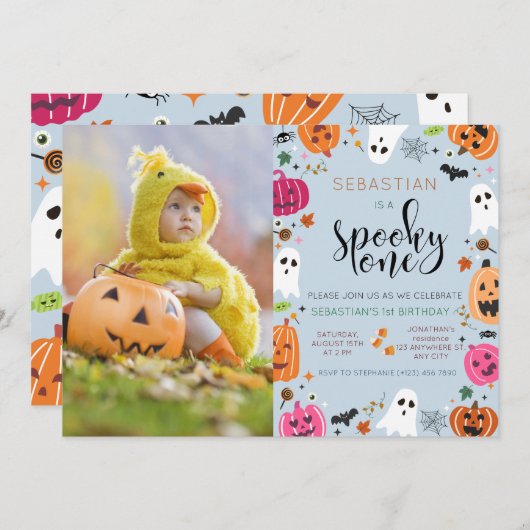  spooky One ハロウィン 1歳の誕生日 招待状 (正面/裏面)