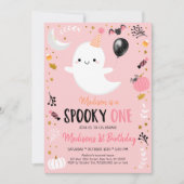  spooky ONE ピンクのゴースト ハロウィン 誕生日 招待状 (正面)