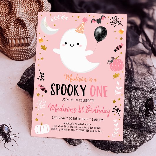  spooky ONE ピンクのゴースト ハロウィン 誕生日 招待状