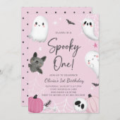  spooky one ピンクのゴースト 誕生日招待状 招待状 (正面/裏面)