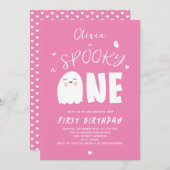  spooky one 女の子のピンクの幽霊 ハロウィン 1歳の誕生日 招待状 (正面/裏面)