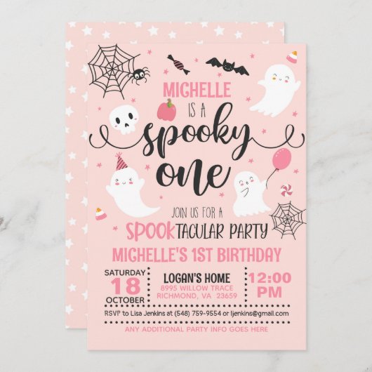 spooky one 誕生日招待状 - 女の子(ピンク) 招待状 (正面/裏面)