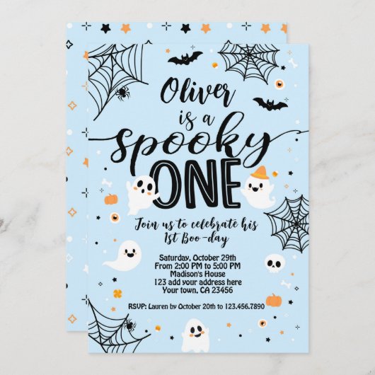 Spooky One Blue Ghost Halloween 招待状 (正面/裏面)