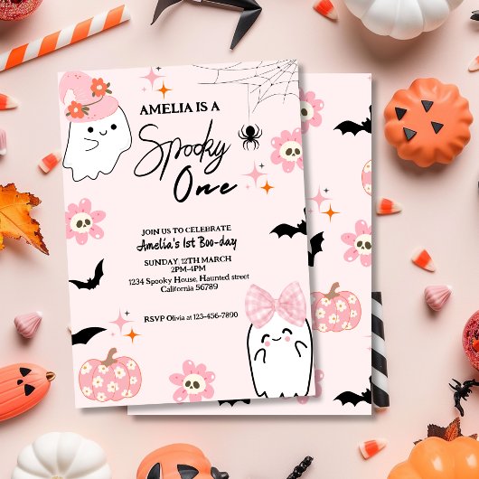 Spooky one cute ghost Pink girl first birthday 招待状