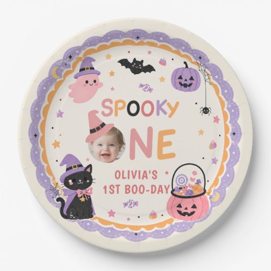 Spooky One Cute Halloween Ghost 1st Birthday ペーパープレート (正面)