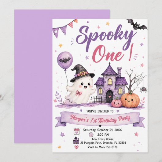 Spooky One Halloween Birthday Party 招待状 (正面/裏面)