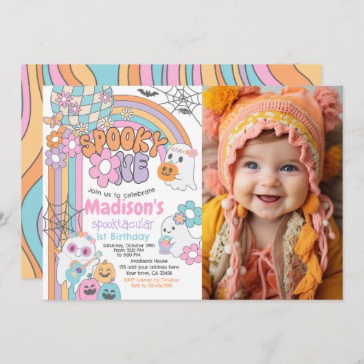 Spooky One Hippie Halloween 1st Birthday 招待状 (正面/裏面)