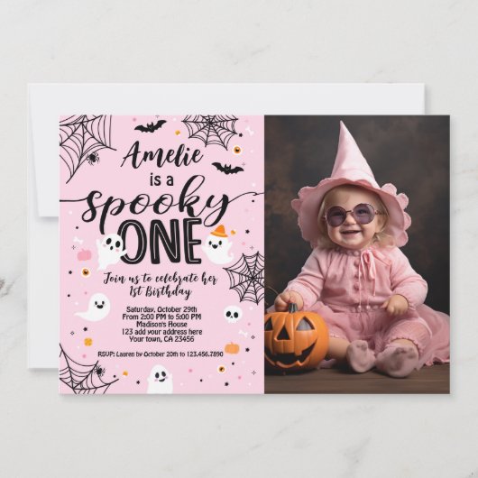 Spooky One Pink Ghost Halloween Invite with Photo 招待状 (正面)