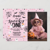 Spooky One Pink Ghost Halloween Invite with Photo 招待状 (正面/裏面)