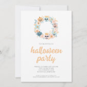 Spooky Orange Skull Floral Wreath Halloween Party 招待状 (正面)