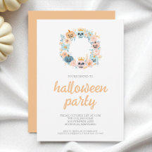 Spooky Orange Skull Floral Wreath Halloween Party