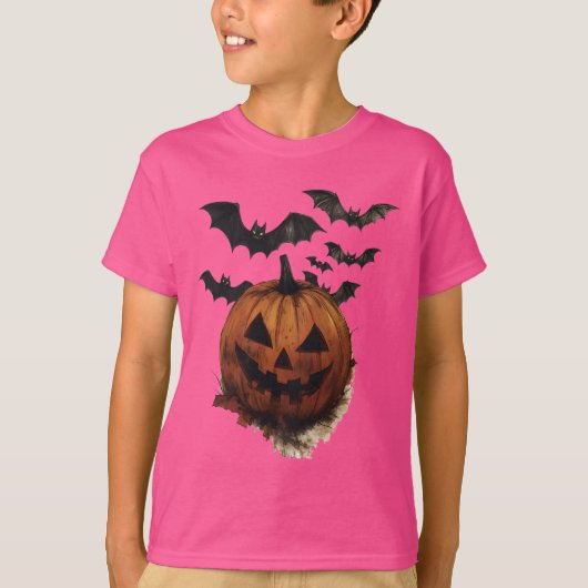 Spooky Pumpkin & Bats Halloween Art Tシャツ (正面)