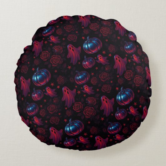 Spooky Pumpkin Ghost Rose Round Pillow ラウンドクッション (正面)