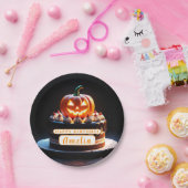 Spooky Pumpkin Halloween Birthday Paper Plate ペーパープレート (パーティー)
