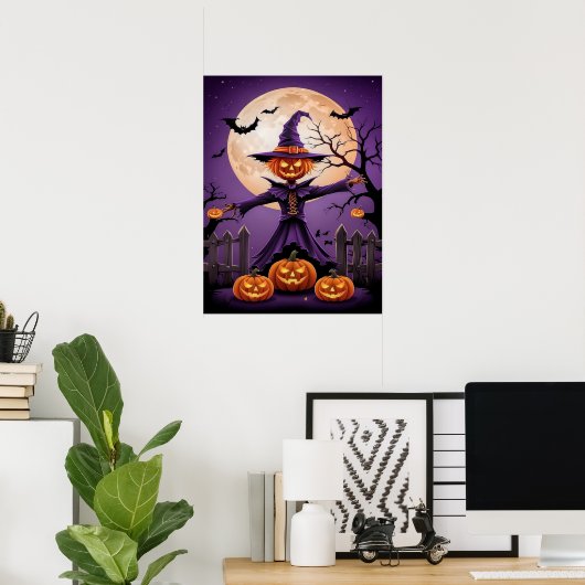 Spooky Pumpkin Witch with Full Moon Poster ポスター (ホームオフィス)