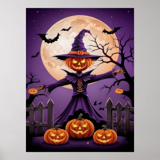 Spooky Pumpkin Witch with Full Moon Poster ポスター (正面)
