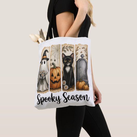 Spooky Season Halloween Black Cat, Ghost, Pumpkin  トートバッグ (クローズアップ)