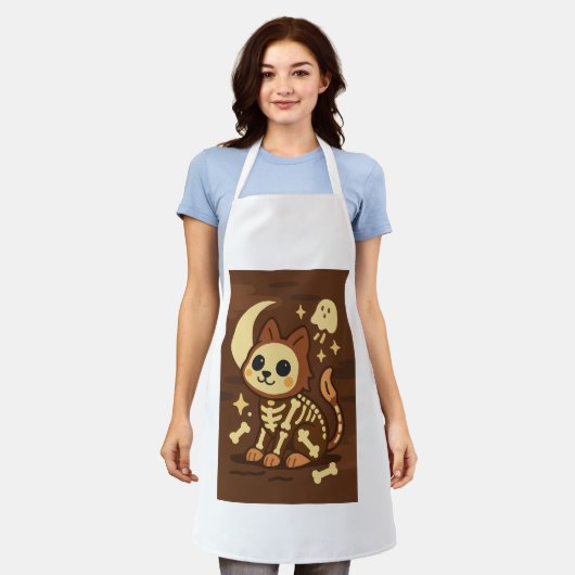 Spooky Skeleton Cat All-Over Print Apron, Medium エプロン (着用した状態)