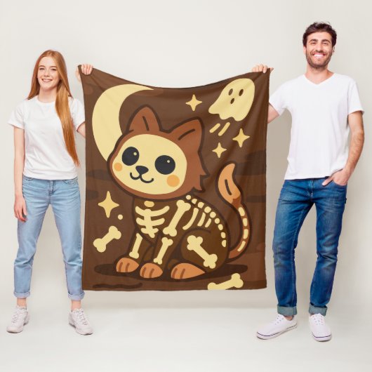 Spooky Skeleton Cat and Ghost Fleece Blanket フリースブランケット (インサイチュ)