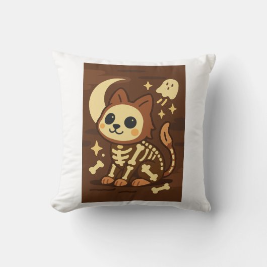 Spooky Skeleton Cat and Ghost Throw Pillow クッション (正面)
