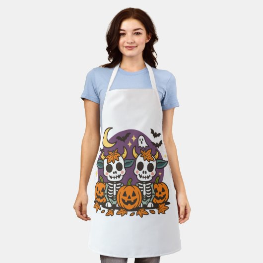 Spooky Skeleton Cows All-Over Print Apron, Medium エプロン (着用した状態)