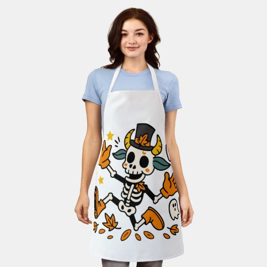 Spooky Skeleton Goat All-Over Print Apron, Medium エプロン (着用した状態)