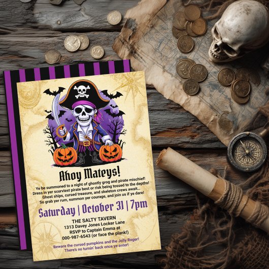 Spooky Skeleton Pirate Halloween Party 招待状