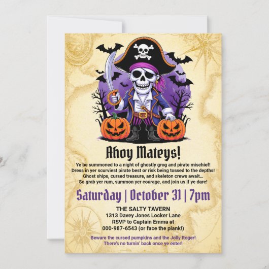 Spooky Skeleton Pirate Halloween Party 招待状 (正面)