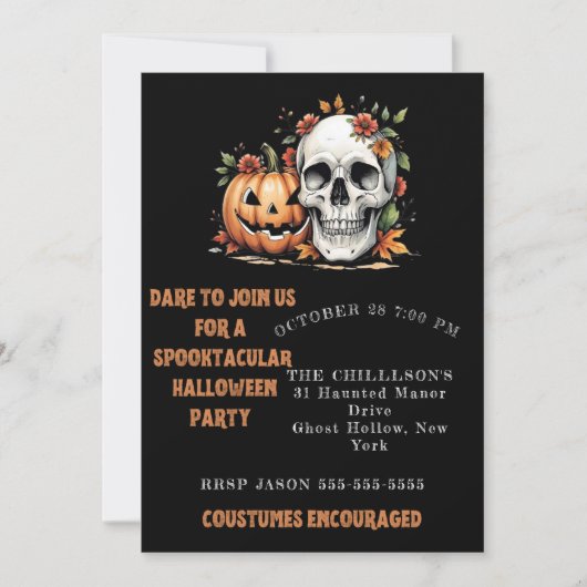 Spooky Skull and Pumpkin Art 招待状 (正面)