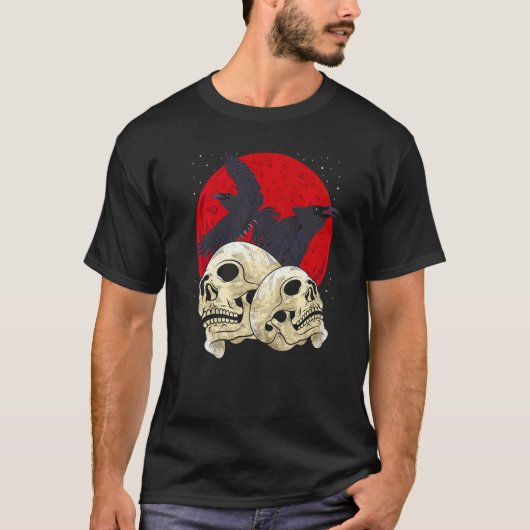Spooky Skull Creepy Skeleton Head Crow Gothic Bird Tシャツ (正面)