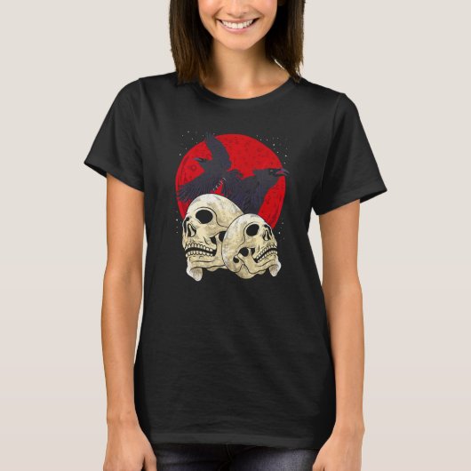 Spooky Skull Creepy Skeleton Head Crow Gothic Bird Tシャツ (正面)