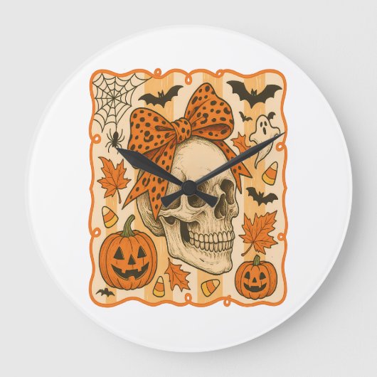 Spooky Skull Halloween ラージ壁時計 (正面)
