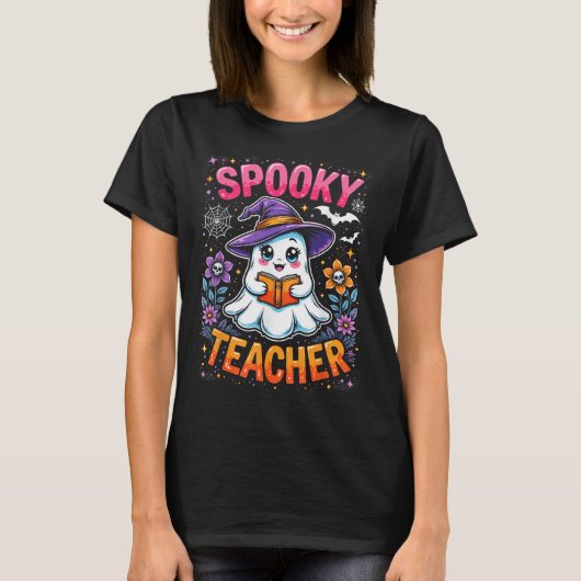 Spooky Teacher Cute Ghost Reading Book Funny Hallo Tシャツ (正面)