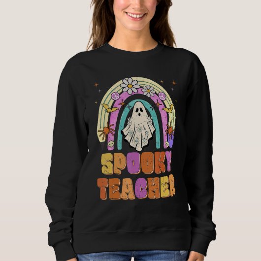 Spooky Teacher Retro Spooky Floral Ghost Hippie Ha スウェットシャツ (正面)