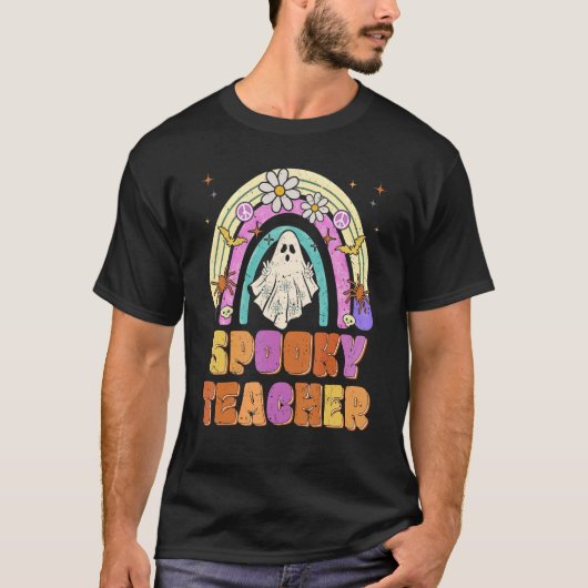 Spooky Teacher Retro Spooky Floral Ghost Hippie Ha Tシャツ (正面)