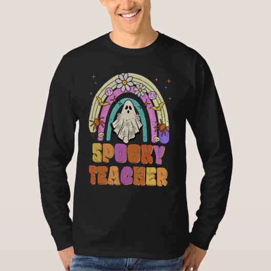 Spooky Teacher Retro Spooky Floral Ghost Hippie Ha Tシャツ (正面)