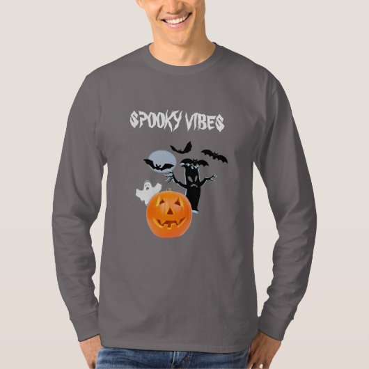 Spooky Vibes Halloween with White Ghost & Text Tシャツ (正面)