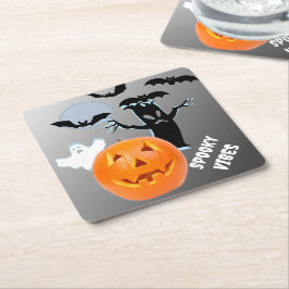 Spooky Vibes in Haunted White Font スクエアペーパーコースター