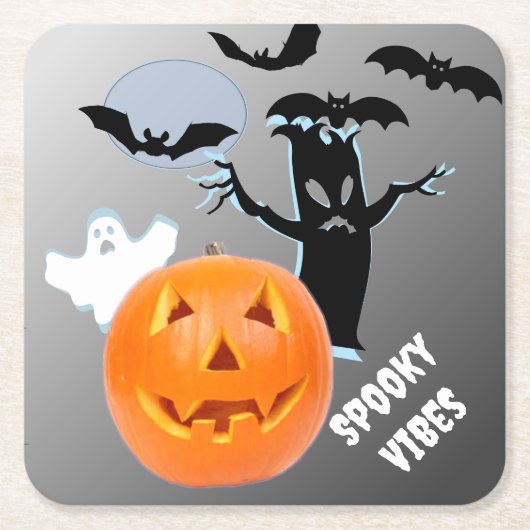 Spooky Vibes in Haunted White Font スクエアペーパーコースター (正面)