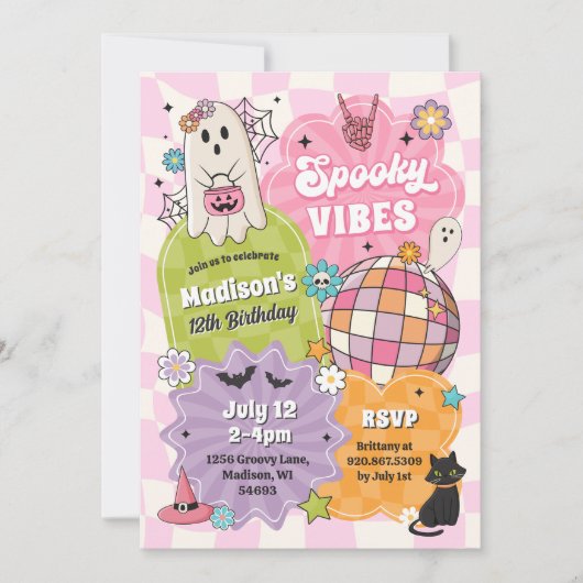 Spooky Vibes Retro Halloween Ghost Birthday 招待状 (正面)