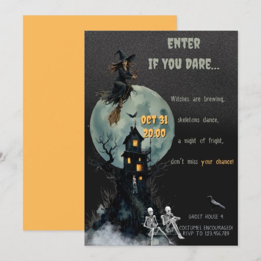 Spooky Witch Skeleton - Haunted House | Halloween 招待状 (正面/裏面)