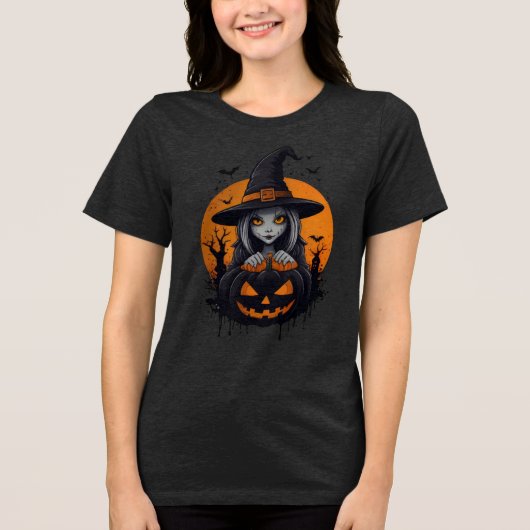 Spooky Witch with Jack-o’-Lantern Art トライブレンドＴシャツ (正面)