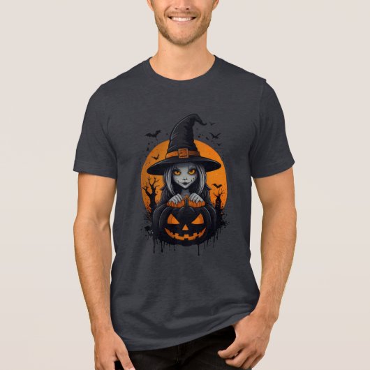 Spooky Witch with Jack-o’-Lantern Art トライブレンドTシャツ (正面)
