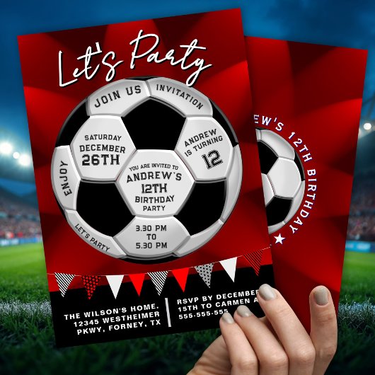 Sport Lovers Soccer Ball Boys Red Birthday 招待状