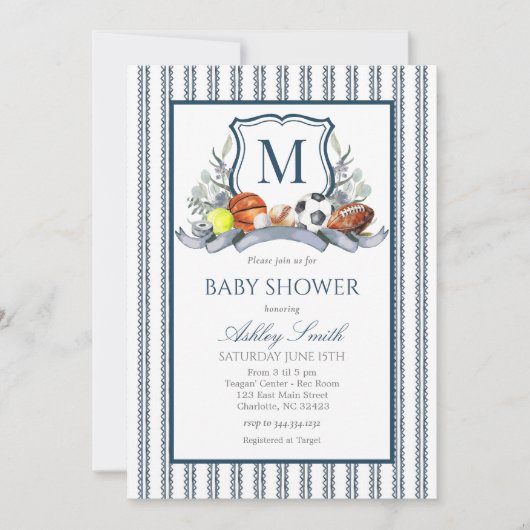 Sports Baby Shower, Preppy Sports Crest Invite 招待状 (正面)