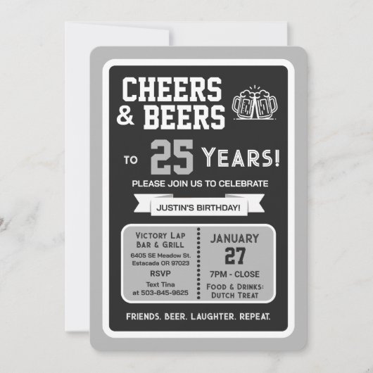 Sports Bar Birthday Cheers and Beers to 25 Years 招待状 (正面)