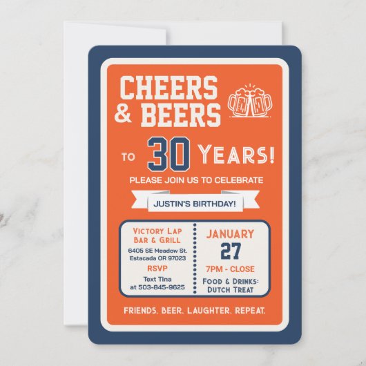 Sports Bar Birthday Cheers and Beers to 30 Years 招待状 (正面)