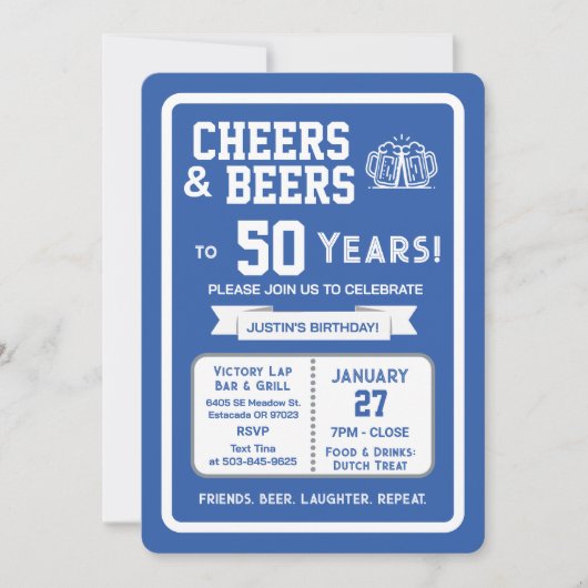 Sports Bar Birthday Cheers and Beers to 50 Years 招待状 (正面)
